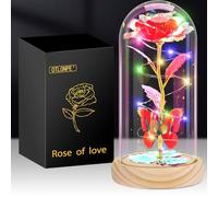 Otlonpe Cadeau Saint Valentin Femme, Rose Eternelle sous Cloche Cadeau Femme Maman Anniversaire avec Lumières, Fleur Artificielle Cadeau pour Femme Maman,Cadeau Fete des Meres (Bois-Rouge)
