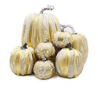 OTMVicor Lot de 7 citrouilles artificielles, citrouilles en mousse blanches avec pinceau doré pour la saison d'automne, Halloween, décorations de fête de Thanksgiving (pinceau doré blanc)