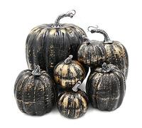 OTMVicor Lot de 7 citrouilles artificielles noires et dorées en mousse pour la saison d'automne, décorations de table pour Halloween, Thanksgiving, fêtes(Noir et or)
