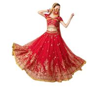 OTMYIGO Adulte Princesse Festival Danse du Ventre Haut Robe Ensemble Indien Sari Jasmine Halloween Cosplay Costume Bollywood Rave compétition Tenue,Rouge,M