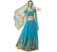 OTMYIGO Adulte Princesse Festival Danse du Ventre Haut Robe Ensemble Indien Sari Jasmine Halloween Cosplay Costume Bollywood Rave compétition Tenue,Bleu,XL