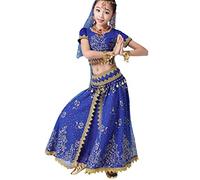 OTMYIGO Bleu,M,Robe de Danse du Ventre pour Filles, Ensemble de 5 pièces, Costume de Spectacle Arabe Bollywood pour Enfants Indiens, Tenue de Carnaval
