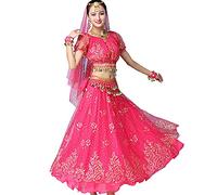 OTMYIGO Femmes 5 pièces Robe de Danse Indienne Tenues de Danse du Ventre Bollywood Robe Costume Femmes Ensemble Halloween déguisements Costumes,Rose