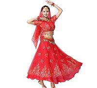 OTMYIGO Femmes 5 pièces Robe de Danse Indienne Tenues de Danse du Ventre Bollywood Robe Costume Femmes Ensemble Halloween déguisements Costumes,Rouge