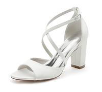 OTMYIGO Femmes Bout Ouvert Chunky Talon Haut Sandales Boucle Satin À Lanières Mariage Demoiselle D'honneur Soirée Sandales pour Soirée De Mariage,Blanc,38 EU