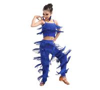 OTMYIGO Filles Danse Latine Ensemble Salle de Bal Grande Taille Frange Gland Pantalon et Haut Solide Frange Salsa Samba compétition Costume,Bleu,S
