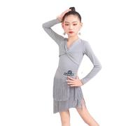 OTMYIGO Gris,140, Robe Latine à Pompons pour Filles, Jupe de compétition de Danse de Salon à Pompons et Robe de soirée Latine Salsa Tango Samba cha cha Rumba