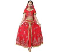 OTMYIGO Robe Bollywood Costume Adulte Femmes Ensemble de Danse Indienne Danse du Ventre Sari vêtements Danse Performance vêtements Jupe en Mousseline de Soie Ensemble,Rouge,XL
