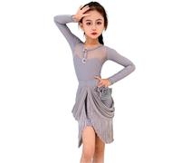 OTMYIGO Robe de compétition de Danse Latine pour Filles, Robe de Danse à Manches Longues en Nylon pour Enfants, Costumes de compétition de cha-Rumba,Gris,140