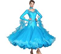 OTMYIGO Robe de Danse de Salon pour Femme Manches Longues Valse Tango Robes de Danse Standard compétition Robe de Salon,Bleu,S