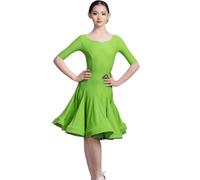 OTMYIGO Robe de danse latine à manches courtes pour filles - Vêtements de salsa - Robe de danse latine Cha Cha Samba Rumba Tango - M - 140