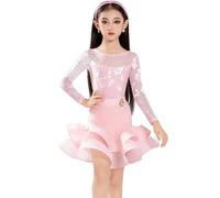OTMYIGO Robe de Danse Latine à Manches Longues pour Filles, idéale pour Le Tango Le cha-cha-Samba Les compétitions Le Carnaval et la Salsa Tenues de Danse,Rose,160