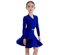 OTMYIGO Robe de Danse Latine pour Enfants, Manches Longues Robe de Bal pour Filles Jupe pour la Danse Salon la Salsa et Le Tango Costume d'entraînement compétition et de Spectacle,Royal Blue,150