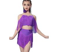 OTMYIGO Robe de Danse Latine pour Fille avec Jupe Fendue à Pompons pour Salle de Bal Costume de Danse Professionnelle pour Salsa Rumba cha-cha Samba Tango,Violet,150