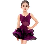 OTMYIGO Robe de Danse Latine pour Fille, Jupe de compétition pour Enfants Salsa, Rumba, Tango, cha-cha-Jazz Tenue de Danse,Violet,140
