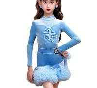 OTMYIGO Robe de Danse Latine pour Fille, Manches Longues, pour Enfants, Samba, Salsa, Cha Cha, Rumba, Tango, Concours, Robes de Salon,Bleu,110