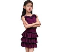 OTMYIGO Robe de Danse Latine pour Filles, Robe de Bal, cha-cha-cha Rumba Samba Jazz Salsa Robe de compétition,Violet,150