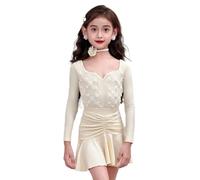 OTMYIGO Robe Latine pour Petites Filles, Tenue Longue de Danse de Salon pour la Pratique de la Salsa, Rumba, cha-cha-Samba, Tango, Haut et Jupe,Beige,120