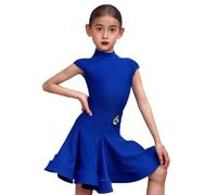 OTMYIGO Robe Latine sans Manches pour Filles, Costumes de compétition de Danse de Salon, Tenue de Spectacle sur scène de Tango Samba,Royal Blue,140