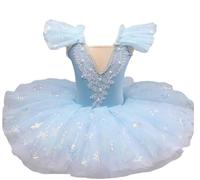 OTMYIGO Robe Tutu de Ballet pour Petite Fille, Costume de Ballerine du Lac des cygnes, Tenue de Ballet de Salon,Bleu,110