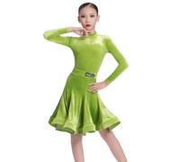 OTMYIGO Robes pour Enfants pour Filles à Manches Longues Robe Danse Latine Jupe de compétition Salon en Velours Salsa Rumba Cha Cha Samba fête scène Performance Costumes d'entraînement,Vert,170