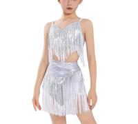 OTMYIGO Vêtements de Danse à Pompons pour Filles, Robe de Danse sans Manches, Tenue d'école de Danse, de fête d'anniversaire ou de Spectacle de déguisement,Blanc,150