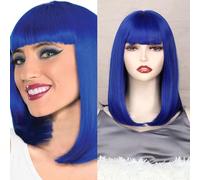 OTO BELLA Perruques courtes de 35,6 cm avec frange - Perruques raides pour femme - Aspect naturel - Perruque synthétique résistante à la chaleur pour le quotidien, les fêtes, le cosplay (bleu)