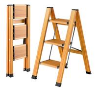 OTOmitra Échelle pliante à 3 marches en aluminium, portable, antidérapante, multifonction, avec design grain de bois, charge maximale : 150 kg, pour la maison, la cuisine, la salle de bain, le camping