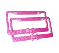 OTOSTAR 2 Pack Pure Handmade 1000pcs 8 Facets Selected Waterproof Bling Bling Rhinestones Stainless Steel License Plate Frame with Matching Screws Caps (Hot Pink/Hot Pink Bowtie)
