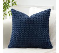 OTOSTAR Lot de 1 housse de coussin décorative carrée avec pompons en velours côtelé et à rayures de style bohème pour canapé, chambre à coucher, voiture - 45 x 45 cm, bleu marine