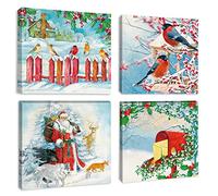 OTOSTAR Lot de 4 impressions sur toile de Noël - Oiseaux du matin de Noël - Œuvre murale moderne encadrée pour cadeaux de salle de bain, maison, cuisine, bureau, décoration de Noël - 30,5 x 30,5 cm