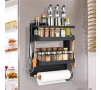 OTraki Étagère à Épices Etagere Magnetique Frigo, Cuisine Charge Maximale 8 Kg sans Perçage Etagere De Rangement 2 Niveaux avec Porte-Rouleau D'essuie-Tout Et 4 Crochets