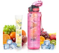 OTraki Gourde Sport 1 L Sans BPA, Tritan Bouteille avec Infuseur Intégré, étanche, Verrou de Sécurité Gourde Graduée pour Enfants, Fitness, Activités De Plein Air, L'école Et Le Bureau, Rose