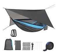 OTraki Hamac avec Moustiquaire et Bâche, 290x140cm Hamac Exterieur 200 kg Capacité de Charge Hamacs Suspendu Respirant Léger Hamacs Nylon pour Jardin Exterieur Voyage Camping, Bleu Gris