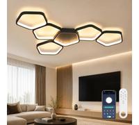 OTREN Plafonnier LED Dimmable pour Salon avec Télécommande et APP, Noir | Luminaire de Plafond Moderne 88cm 58W avec Fonction Mémoire, Lustre à 6 Anneaux Pentagonaux pour Chambre et Cuisine