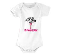 Otshirt Body Bébé La vie est plus belle avec le maquillage | Coton Peigné Boutons Pression 3-6 mois à 18-24 mois | Manches Courtes Mixte | Idée Cadeau Naissance Baby Shower