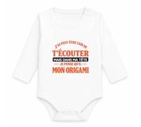 Otshirt Body Bébé Manches Longues J'ai peut-être l'air de t'écouter mais dans ma tête je pense qu'à mon origami J'ai peut-être l'air de t'écouter mais je ne pense qu'à - Activité | orange