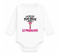 Otshirt Body Bébé Manches Longues La vie est plus belle avec le maquillage | Coton 170 g/m² Blanc 3 mois à 18 mois | Bébé Fille Garçon Mixte | Idée Cadeau Naissance Baby Shower Baptême