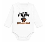 Otshirt Body Bébé Manches Longues La vie est plus belle avec les dobermans | modèle 2 | Coton 170 g/m² Blanc 3 mois à 18 mois | Bébé Fille Garçon Mixte