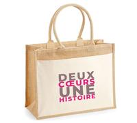 Otshirt Cabas Jute Deux Cœurs une Histoire - Jute Bag - Idée Cabas de Courses Cadeau Anniversaire Fête Original Famille Travail Départ Collègue Retraite Noël. - Violet&Rose - 1