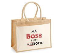 Otshirt Cabas Jute Ma Boss C'est la plus forte - Jute Bag - Idée Cabas de Courses Cadeau Anniversaire Fête Original Famille Travail Départ Collègue Retraite Noël.