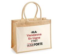 Otshirt Cabas Jute Ma Vendeuse En Ligne C'est la plus forte - Jute Bag - Idée Cabas de Courses Cadeau Anniversaire Fête Original Famille Travail Départ Collègue Retraite Noël.