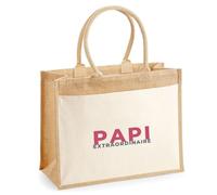 Otshirt Cabas Jute Papi Extraordinaire - Jute Bag - Idée Cabas de Courses Cadeau Anniversaire Fête Original Famille Travail Départ Collègue Retraite Noël. - Rose&Gris - 1