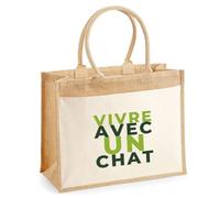 Otshirt Cabas Jute Vivre Avec un Chat - Jute Bag - Idée Cabas de Courses Cadeau Anniversaire Fête Original Famille Travail Départ Collègue Retraite Noël. - Vert - 1