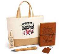 Otshirt Coffret Cadeau Chargee de Marketing J'peux pas | Sac Cabas Coton et Jute 18 L, Carnet, Stylo Bambou, Porte-Clés, Marque-Page | 5 Pièces | Idée Cadeau Noël Départ