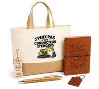 Otshirt Coffret Cadeau Conducteur d'Engins J'peux pas | Sac Cabas Coton et Jute 18 L, Carnet, Stylo Bambou, Porte-Clés, Marque-Page | 5 Pièces | Idée Cadeau BTP Noël Départ