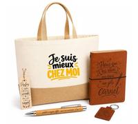 Otshirt Coffret Cadeau Je suis mieux chez moi Expressions Françaises | Sac Cabas Coton et Jute 18 L, Carnet, Stylo Bambou, Porte-Clés, Marque-Page | 5 Pièces | Idée Cadeau Noël Départ