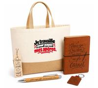 Otshirt Coffret Cadeau Je travaille pour payer mes apéros. Expressions Françaises | Sac Cabas Coton et Jute 18 L, Carnet, Stylo Bambou, Porte-Clés, Marque-Page | 5 Pièces | Idée Cadeau Noël Départ