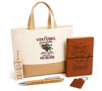 Otshirt Coffret Cadeau Viticultrice Formidable | Sac Cabas Coton et Jute 18 L, Carnet, Stylo Bambou, Porte-Clés, Marque-Page | 5 Pièces | Idée Cadeau Vigneronne Noël Départ