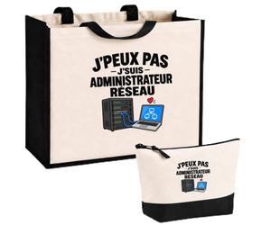 Otshirt Ensemble Cabas et Trousse Administrateur Réseau J'peux pas | Sac Coton et Jute 21 L avec Trousse Zippée 3 L Assortie | Anses 60 cm | Idée Cadeau Informaticien Noël Merci